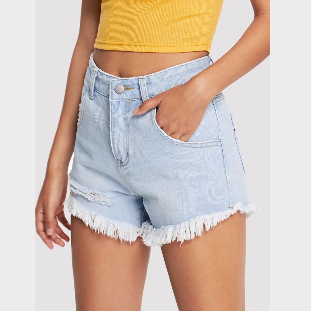Raw Hem High Waisted Denim Shorts Light Blue Wash - Picture 4 of 6